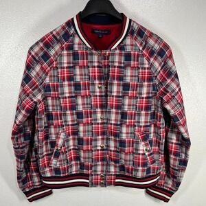 Tommy Hilfiger Patchwork Plaid Varsity Jacket Red White Blue‎ Cotton Blend Large